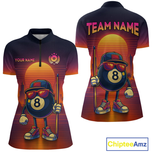 Custom Funny 8 Ball Retro Billiard Shirts for Women Billiard Team Shirts Polo & 1/4 Zip NNT93