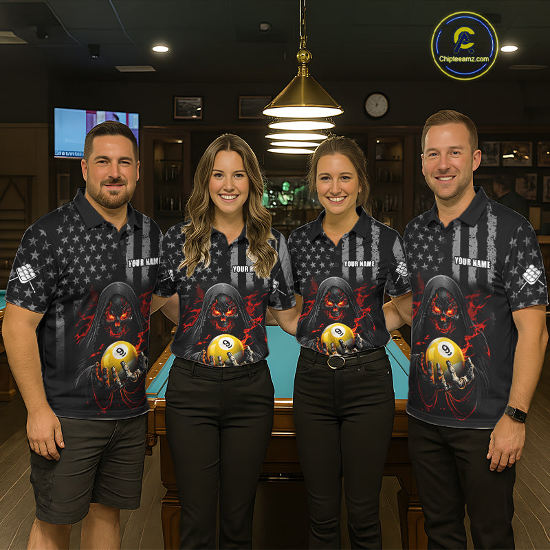 Custom US Skull 9 Ball Billiard Shirts for Men Billiard Team Shirts Billiard League Polo & 1/4 Zip NNT94