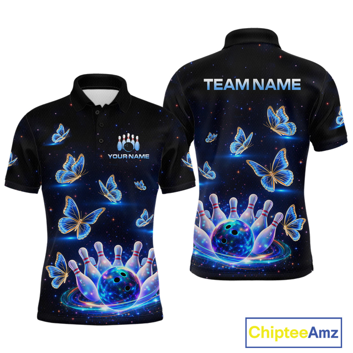 Custom Galaxy Butterflies Bowling Jersey for Men Bowling Tournament Polo & 1/4 Zip Bowling Team Shirts HNT211