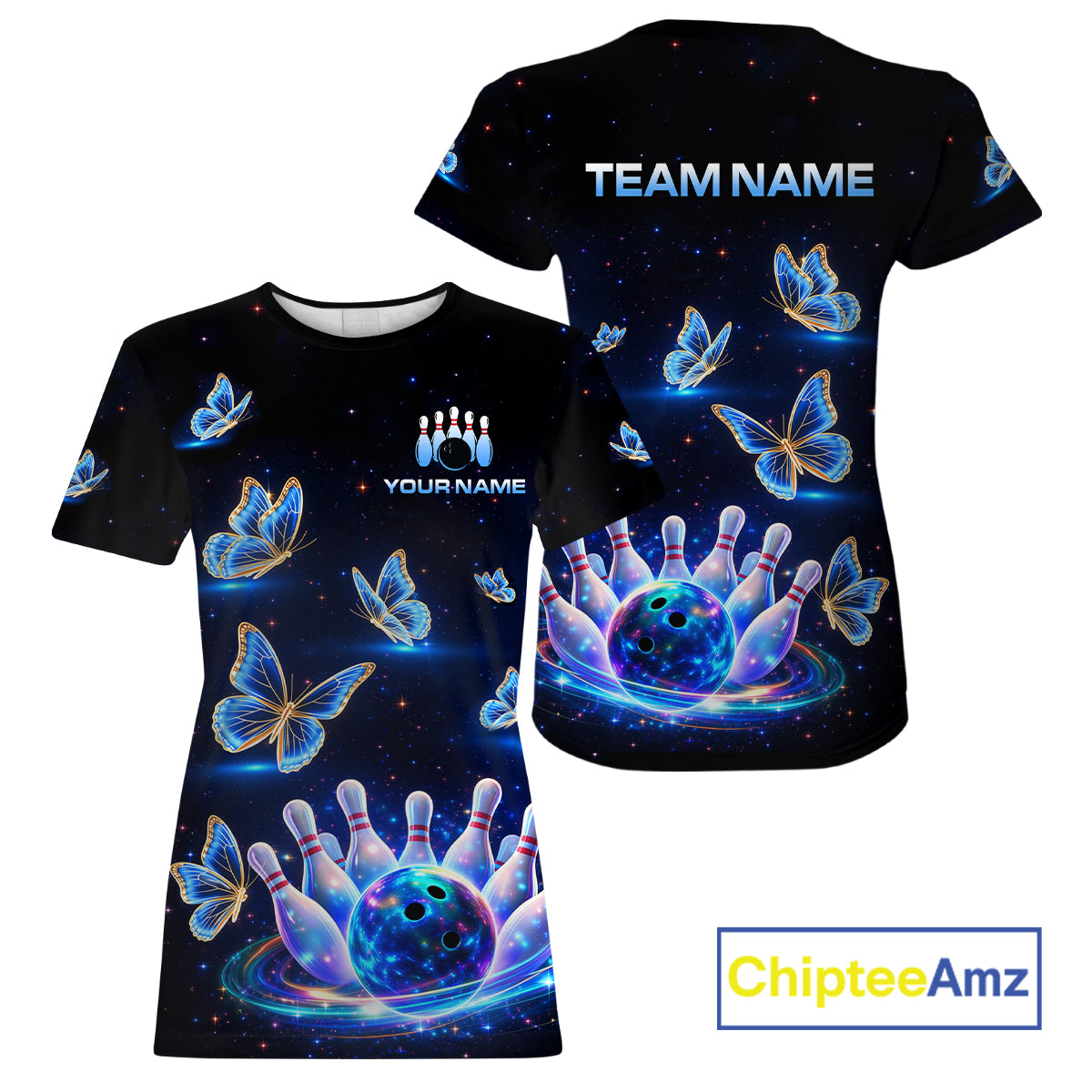 Black t-shirt with butterfly and bowling design, customizable with team name, ChipteeAmz brand visible.