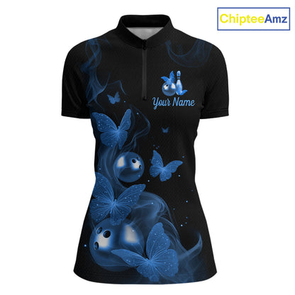 Custom Blue Butterfly Galaxy Bowling Jersey for Women Bowling Team Shirts Bowling League HNT310