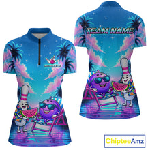 Load image into Gallery viewer, Front and back view personalized bowling quarter zip shirt with bowling characters arranged within a tropical sunset scene with palm trees and ocean details.