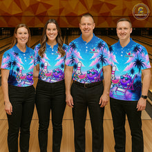 Load image into Gallery viewer, Four people wearing personalized bowling polo shirt with bowling characters arranged within a tropical sunset scene with palm trees and ocean details.