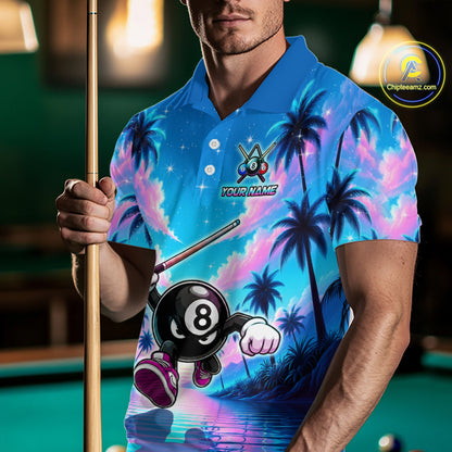 Men wearing personalized billiards polo shirt with an eight ball character moving through a tropical scene with palm trees and sunset reflections.