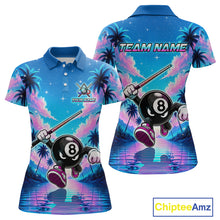 Load image into Gallery viewer, Front and back view personalized billiards polo shirt with an eight ball character moving through a tropical scene with palm trees and sunset reflections.