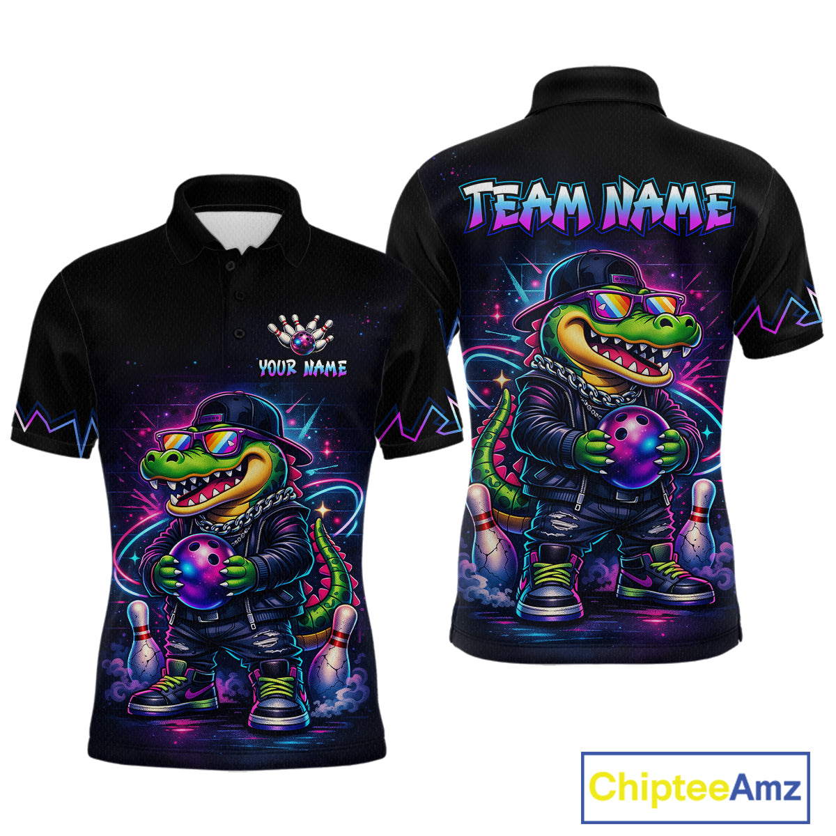 Custom Neon Funny Alligator Bowling Jersey for Men Bowling Tournament Polo & 1/4 Zip Bowling Team Shirts HNT219