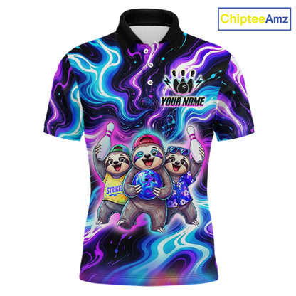 Custom Funny Sloth Bowling Jersey for Men Purple Blue Neon Bowling Team Shirts Bowling League HNT307