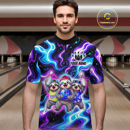 Custom Funny Sloth Bowling Jersey for Men Purple Blue Neon Bowling Team Shirts Bowling League HNT307