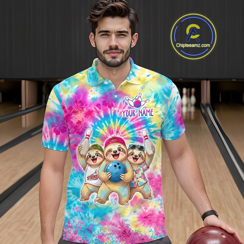 Custom Funny Sloth Bowling Jersey for Men Tropical Tie-Dye Bowling Team Shirts Bowling League HNT306