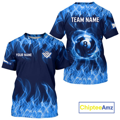 Blue and black billiard jersey with flame design, customizable text, and ChipteeAmz branding.