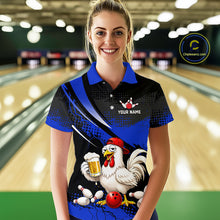 Load image into Gallery viewer, Woman wearing a blue and black bowling polo featuring a chicken holding a beer mug, red bowling ball, scattered pins, and custom your name text.