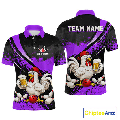 Front and back views of a purple and black bowling polo featuring a cartoon chicken holding a beer mug, red bowling ball, scattered pins, and custom team text.
