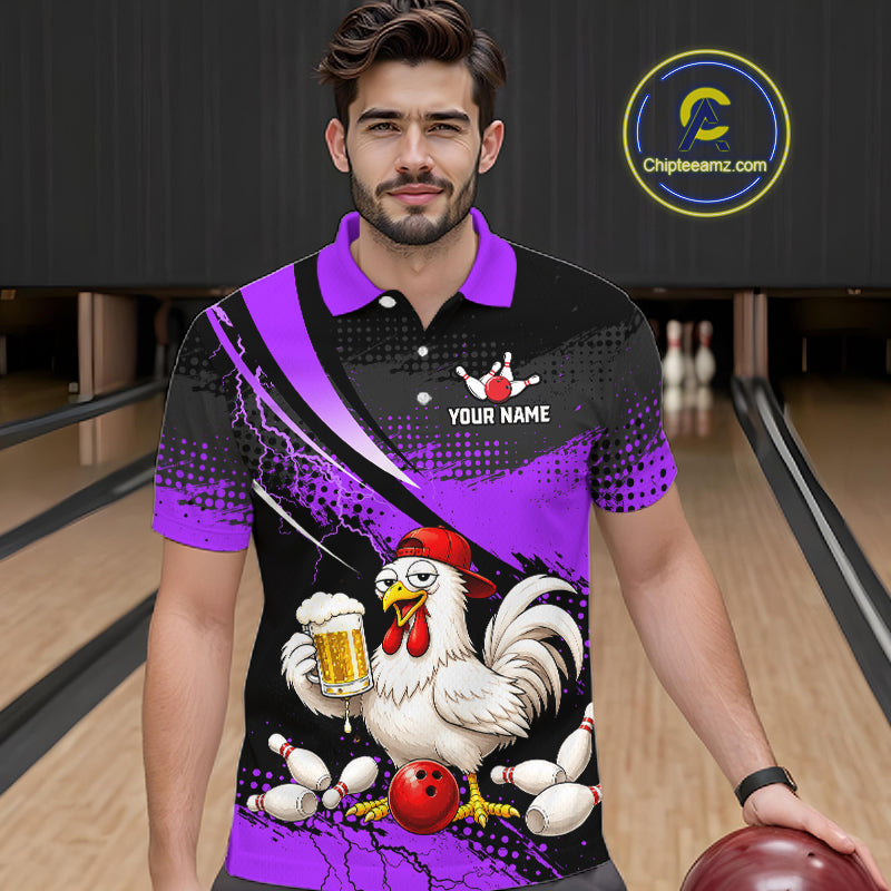 Man wearing a purple and black bowling polo featuring a cartoon chicken holding a beer mug, red bowling ball, scattered pins, and custom your name text.