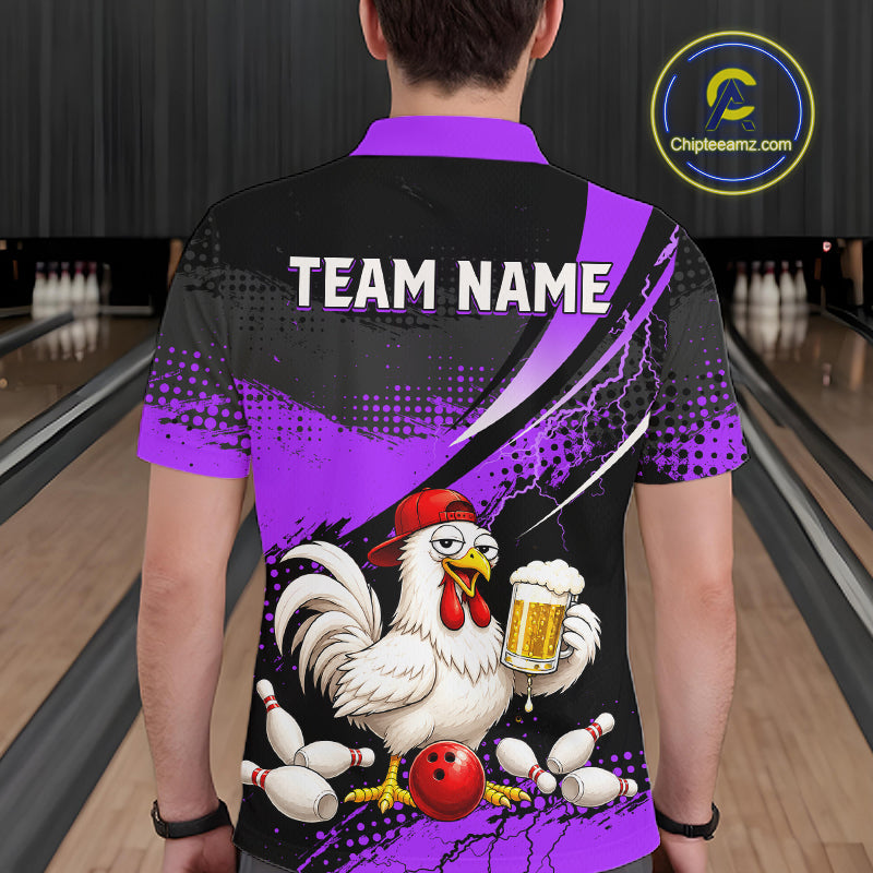 Man wearing a purple and black bowling polo featuring a chicken holding a beer mug, red bowling ball, scattered pins, and custom team name text.