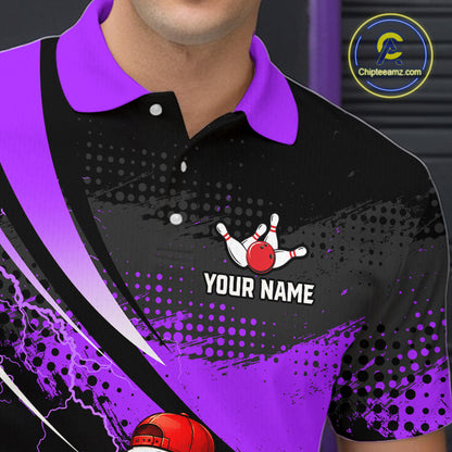 Black and purple polo shirt with a bowling design and customizable text on a dark background.