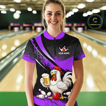 Load image into Gallery viewer, Woman wearing a purple and black bowling quarter zip featuring a chicken holding a beer mug, red bowling ball, scattered pins, and custom your name text.