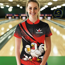 Load image into Gallery viewer, Woman wearing a red and black bowling quarter zip featuring a chicken holding a beer mug, red bowling ball, scattered pins, and custom your name text.