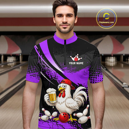 Man wearing a purple and black bowling quarter zip featuring a chicken holding a beer mug, red bowling ball, scattered pins, and custom your name text.