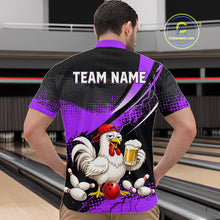 Load image into Gallery viewer, Man wearing a purple and black bowling quarter zip featuring a chicken holding a beer mug, red bowling ball, scattered pins, and custom team name text.