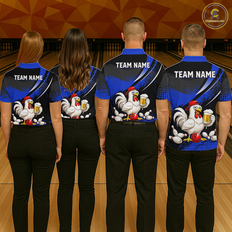Four people wearing blue and black bowling polo featuring a chicken holding a beer mug, red bowling ball, scattered pins, and custom team name text.