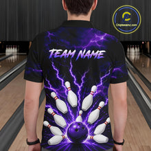 Load image into Gallery viewer, Men wearing personalized bowling polo with purple lightning framing a bowling ball and pins beneath team and player names