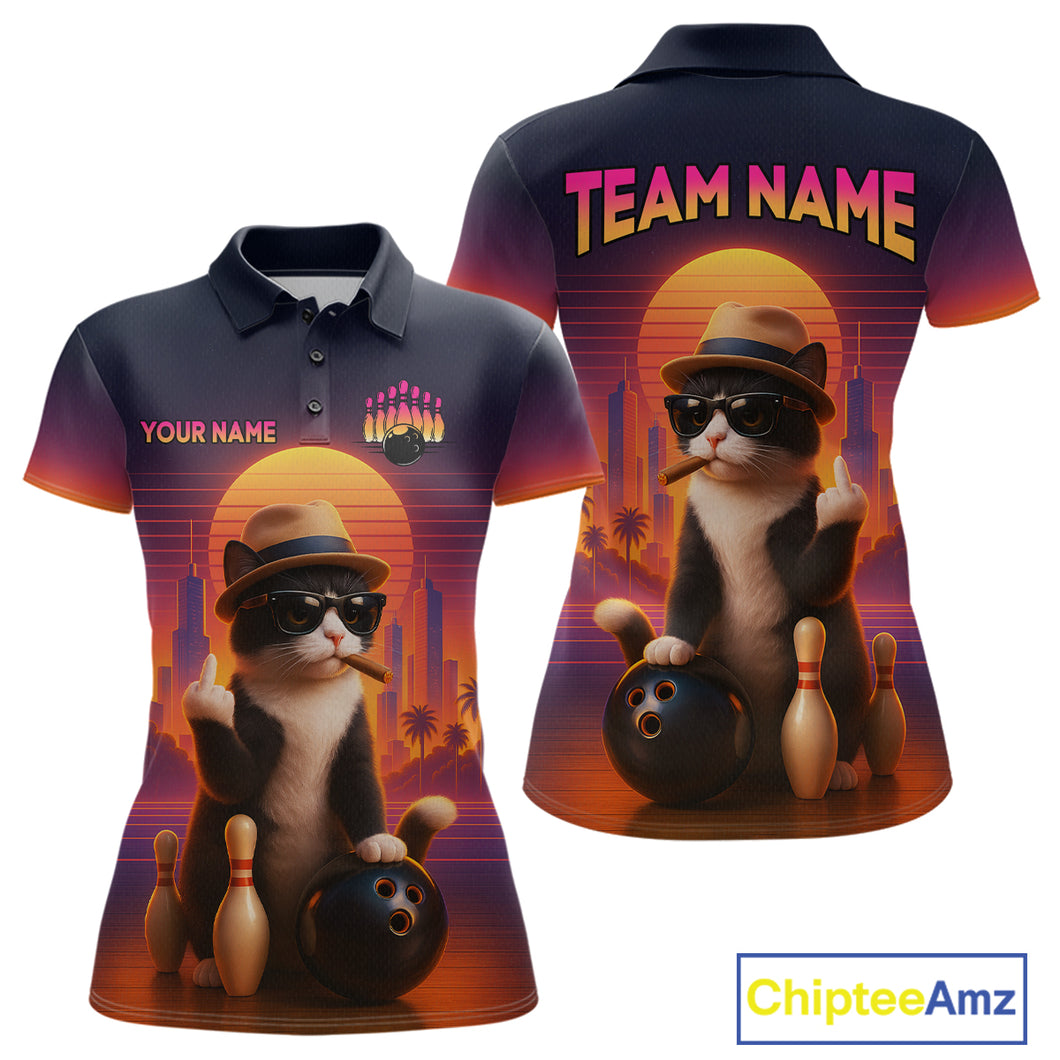 Custom Funny Cat Bowling Jersey for Women Bowling Uniform Polo & 1/4 Zip Bowling Team Shirts HNT114