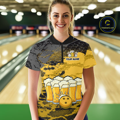 Custom Yellow Beer Bowling Shirts for Women Bowling Team Jersey Bowling League Polo & 1/4 Zip HNT493