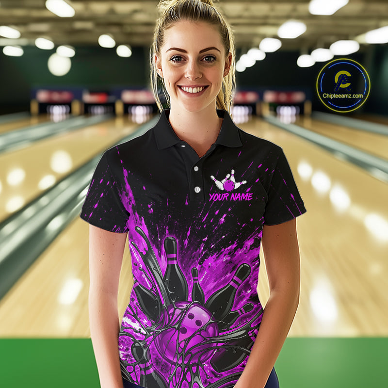 Personalized Purple Bowling Jerseys For Women, Custom Bowling Team Shirts Bowling Pin And Ball HNT494