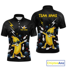 Load image into Gallery viewer, Black polo shirt with a cartoon banana character and bowling elements, featuring 'Team Name' and 'Your Name' text on a white background.