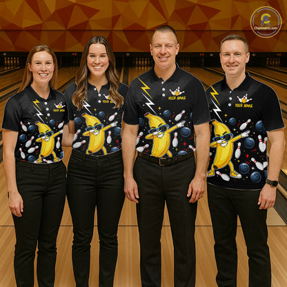 Four people wearing matching bowling shirts with a banana character design on a bowling alley.