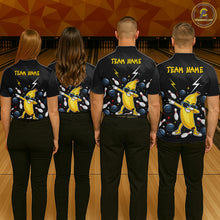 Load image into Gallery viewer, Four people wearing black bowling shirts with a yellow banana character and 'Team Name' text on a bowling alley background.