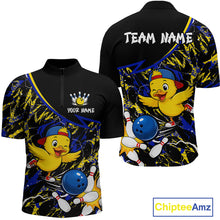 Load image into Gallery viewer, Black bowling-themed shirt with duck cartoon character and customizable text, featuring Chiptee Amz branding.
