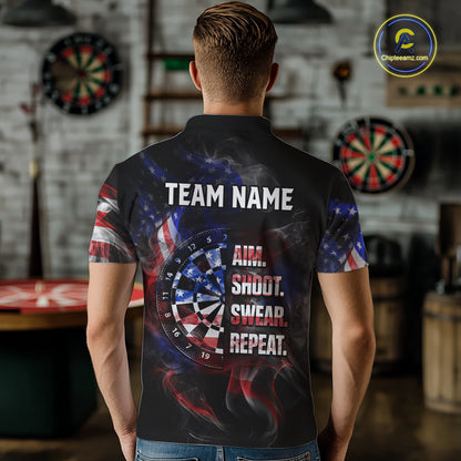 Custom US Flag Aim Shoot Swear Repeat Darts Shirt for Men Darts Team Jerseys Polo & 1/4 Zip NNT114