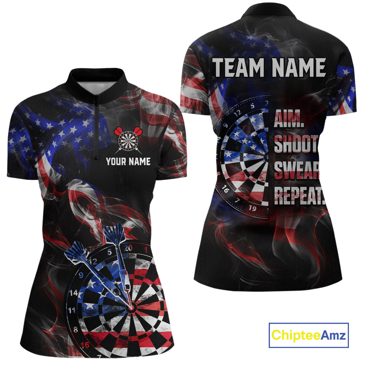 Custom US Flag Aim Shoot Swear Repeat Darts Shirt for Women Darts Team Jerseys Polo & 1/4 Zip NNT114