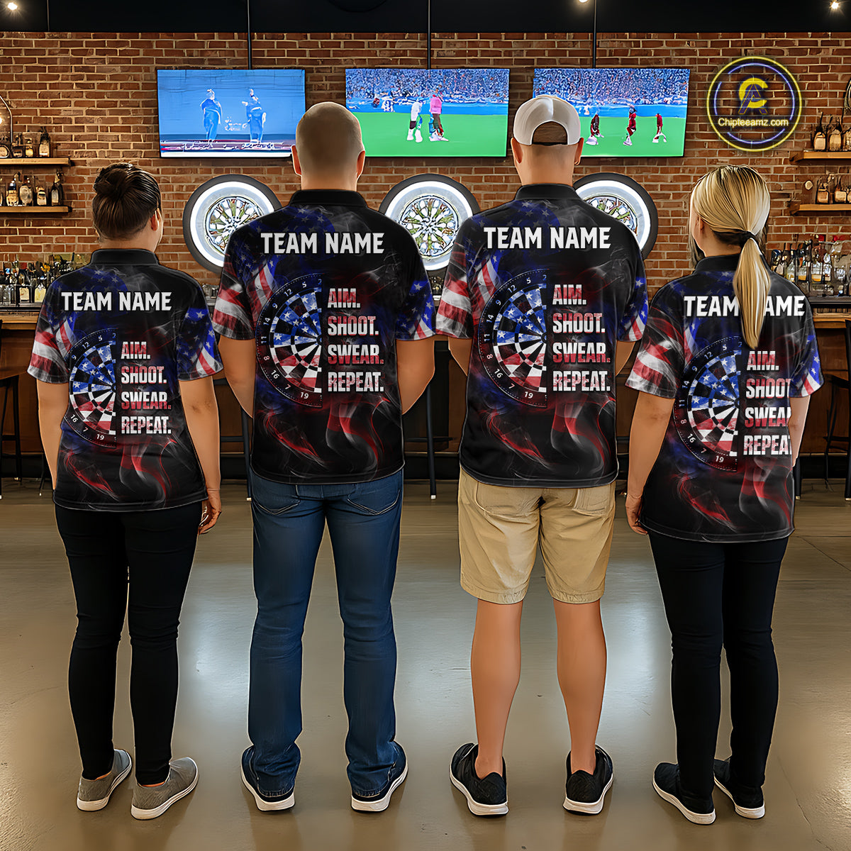 Custom US Flag Aim Shoot Swear Repeat Darts Shirt for Men Darts Team Jerseys Polo & 1/4 Zip NNT114