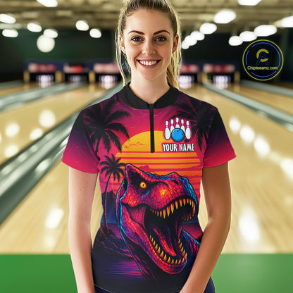 Custom Neon Dinosaur Bowling Jersey for Women Unisex Bowling Shirts for Team Polo & 1/4 Zip HNT241