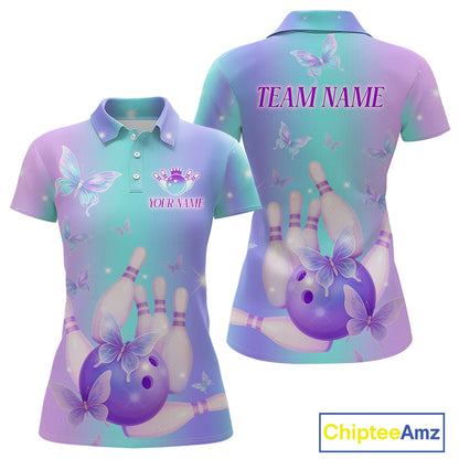 Custom Neon Butterfly Bowling Jersey for Women Bowling Team Shirts Bowling League Polo & 1/4 Zip HNT172