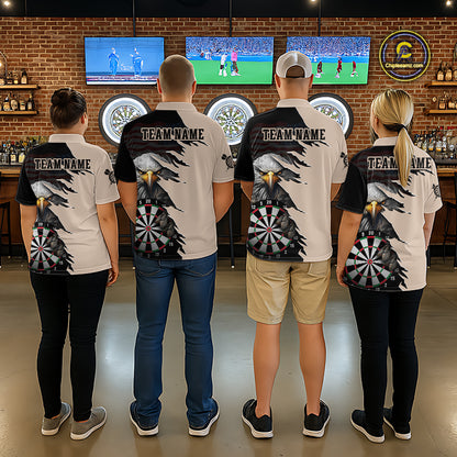 Four people beige and black darts polo featuring a bald eagle, torn-flag graphics, dartboard designs, and custom team text.