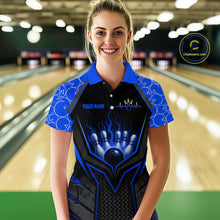 Load image into Gallery viewer, Custom Blue Flame Bowling Jersey for Women Bowling Team Shirts Bowling Polo &amp; 1/4 Zip HNT372