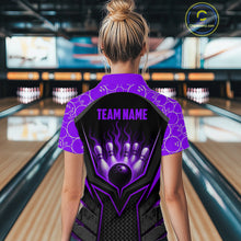 Load image into Gallery viewer, Person wearing a blue and black bowling shirt with 'TEAM NAME' text in a bowling alley.