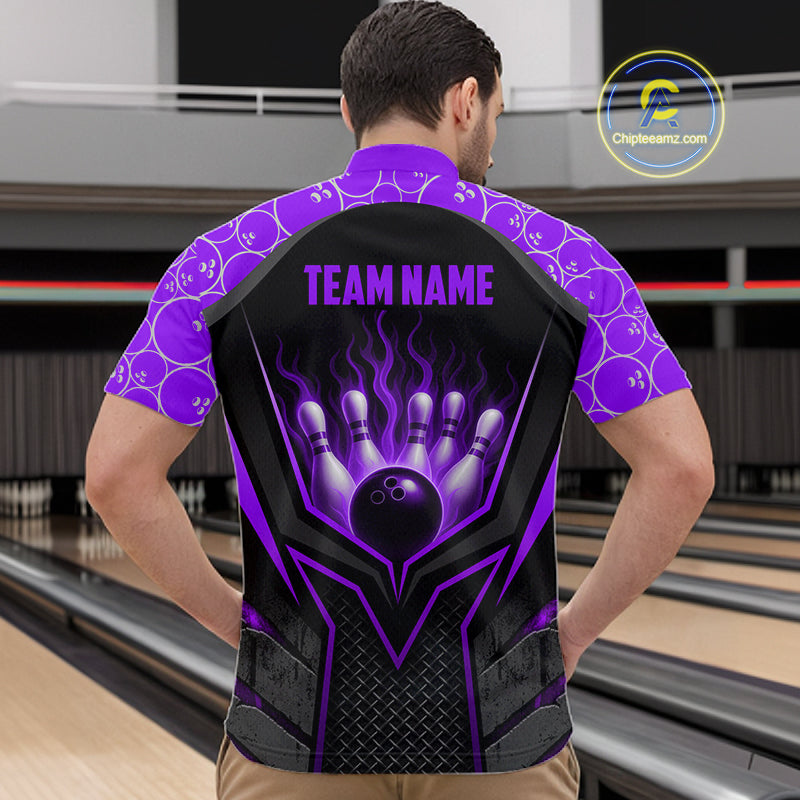 Person wearing a purple and black bowling jersey with 'TEAM NAME' text at a bowling alley.