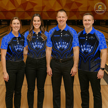 Load image into Gallery viewer, Four people wearing matching blue and black bowling shirts on a bowling alley.