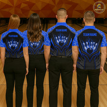 Load image into Gallery viewer, Four people wearing matching blue and black bowling shirts with 'TEAM NAME' on a bowling alley.