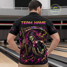 Load image into Gallery viewer, Person wearing a black bowling shirt with a colorful design and 'Team Name' text on the back, standing in a bowling alley.