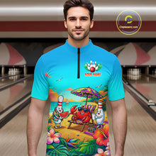 Load image into Gallery viewer, Man wearing a turquoise beach-themed bowling quarter zip with tropical flowers, a crab on a lounge chair, bowling pin characters, and custom team text.