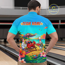 Load image into Gallery viewer, Man wearing a turquoise beach-themed bowling quarter zip with tropical flowers, a crab on a lounge chair, bowling pin characters, and custom team text.