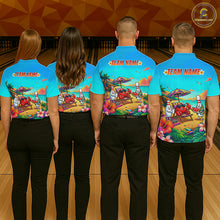 Load image into Gallery viewer, Four people wearing turquoise beach-themed bowling polo with tropical flowers, a crab on a lounge chair, bowling pin characters, and custom team text.