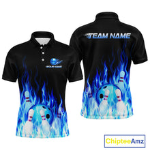Load image into Gallery viewer, Black polo shirt with blue flame design and bowling elements, featuring 'Your Name' and 'Team Name' text on a white background.