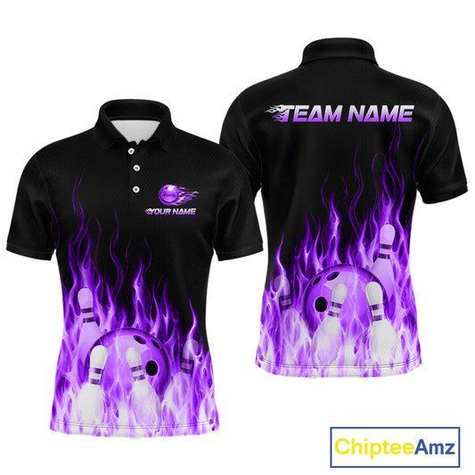 Black bowling shirt with purple flames and bowling ball design, front and back views, Chiptee Amz brand visible.