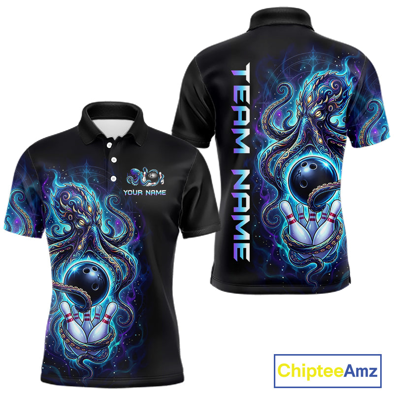 Custom Turquoise Flame Octopus Bowling Jersey for Men Bowling Team Shirts Polo & 1/4 Zip HNT506
